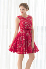 Party Dresses Long Sleeved, Red A-line Sleeveless Short Lace Homecoming Dresses