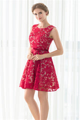 Party Dress Meaning, Red A-line Sleeveless Short Lace Homecoming Dresses