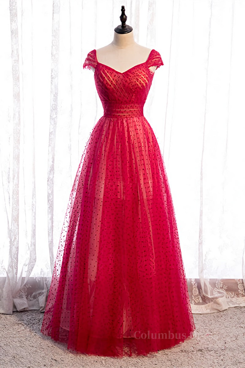 Homecoming Dress Sweetheart, Red A-line V Neck Cap Sleeves Pleated Maxi Formal Dress with Dot Appliques