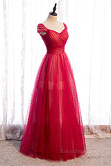 Homecoming Dresses Sweetheart, Red A-line V Neck Cap Sleeves Pleated Maxi Formal Dress with Dot Appliques