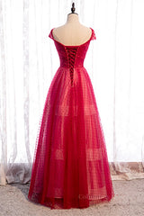 Homecoming Dresses For Middle School, Red A-line V Neck Cap Sleeves Pleated Maxi Formal Dress with Dot Appliques