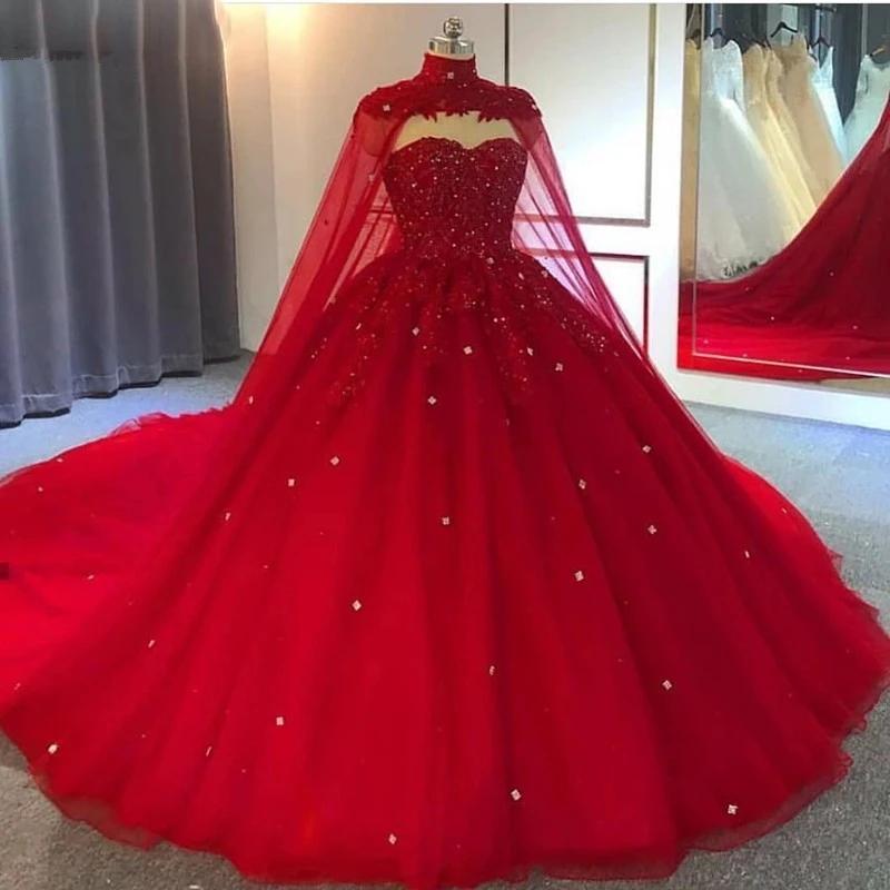 Wedding Dresses A Line, Red Ball Gown Wedding Dresses Crystals Sweet 16 Quinceanera Dress,Prom Dress with Train