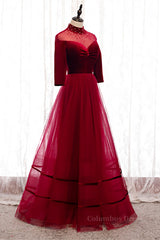 Homecoming Dress Shopping Near Me, Red Beaded Illusion High Neck Sleeves Pleated Maxi Formal Dress with Buttons