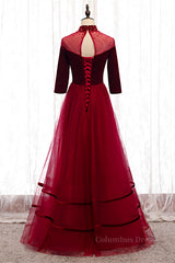 Homecoming Dress Shops Near Me, Red Beaded Illusion High Neck Sleeves Pleated Maxi Formal Dress with Buttons