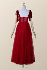 Long Dress Design, Red Dotted Tulle Corset Ankle Length Dress