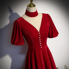 Bridesmaide Dress Colors, Red High Neckline Velvet Long Party Dress, Red Short Sleeves Velvet Prom Dress