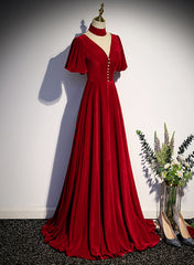 Bridesmaid Dress Colorful, Red High Neckline Velvet Long Party Dress, Red Short Sleeves Velvet Prom Dress