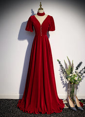 Bridesmaids Dresses Color, Red High Neckline Velvet Long Party Dress, Red Short Sleeves Velvet Prom Dress