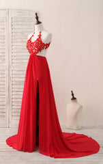 Dinner Dress Classy, Red Hight Neck Chiffon Lace Applique Long Prom Dress, Red Formal Dress
