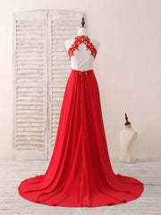 Fancy Outfit, Red Hight Neck Chiffon Lace Applique Long Prom Dress, Red Formal Dress