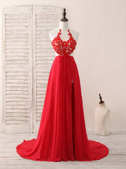 Prom 2036, Red Hight Neck Chiffon Lace Applique Long Prom Dress, Red Formal Dress