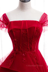 Homecoming Dresses Short Tight, Red Illusion Cap Sleeves Multi-Layers Beaded Appliques Maxi Formal Dress