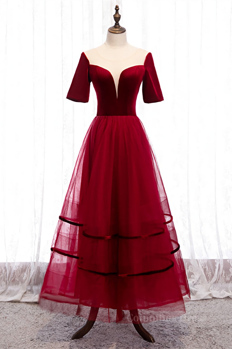 Homecoming Dresses Sparkle, Red Illusion Deep V Neck Sleeves Straps Detail Tulle Ankle Length Formal Dress