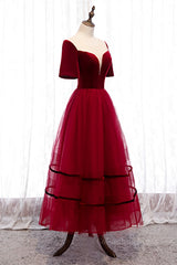 Homecoming Dress Sparkles, Red Illusion Deep V Neck Sleeves Straps Detail Tulle Ankle Length Formal Dress