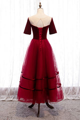 Homecoming Dress Sparkle, Red Illusion Deep V Neck Sleeves Straps Detail Tulle Ankle Length Formal Dress