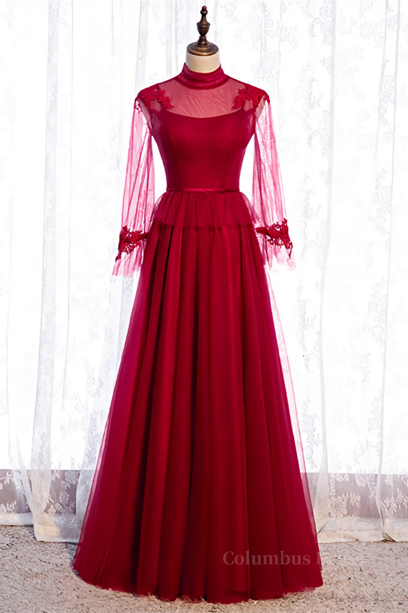 Evenning Dress For Wedding Guest, Red Illusion High Neck Long Sleeves Appliques Maxi Formal Dress