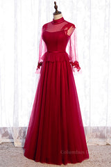 Evening Dresses For Weddings Guest, Red Illusion High Neck Long Sleeves Appliques Maxi Formal Dress
