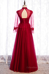 Evening Dress For Wedding Guest, Red Illusion High Neck Long Sleeves Appliques Maxi Formal Dress