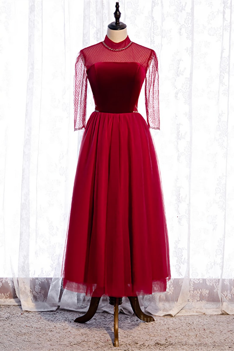 Evening Dresses Midi, Red Illusion High Neck Long Sleeves Beaded Tulle Ankle Length Formal Dress