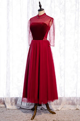 Evening Dresses Long Sleeve, Red Illusion High Neck Long Sleeves Beaded Tulle Ankle Length Formal Dress