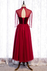 Evening Dress Long Sleeve, Red Illusion High Neck Long Sleeves Beaded Tulle Ankle Length Formal Dress