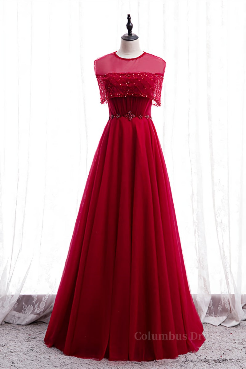 Homecoming Dresses With Tulle, Red Illusion Jewel Neck Rhinestone Beaded Crepe Maxi Formal Dress