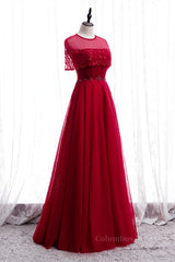 Homecomming Dresses Blue, Red Illusion Jewel Neck Rhinestone Beaded Crepe Maxi Formal Dress