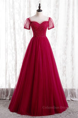 Evening Dresses Gowns, Red Illusion Neck Sheer Puff Sleeves Beaded Tulle Long Formal Dress