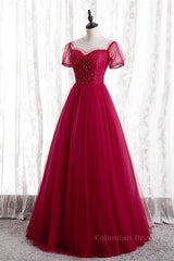 Evening Dresses Simple, Red Illusion Neck Sheer Puff Sleeves Beaded Tulle Long Formal Dress