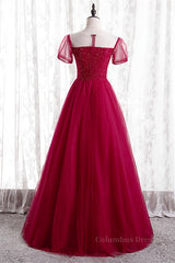 Evening Dress Simple, Red Illusion Neck Sheer Puff Sleeves Beaded Tulle Long Formal Dress