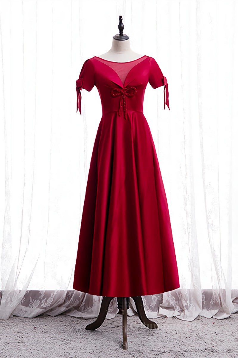 Homecoming Dresses Pink, Red Illusion V Neck Sleeves Beaded Tea Length Formal Dress with Bows