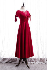 Homecoming Dress Pink, Red Illusion V Neck Sleeves Beaded Tea Length Formal Dress with Bows