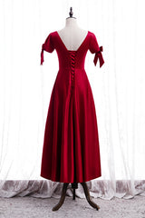 Homecoming Dresses With Sleeves, Red Illusion V Neck Sleeves Beaded Tea Length Formal Dress with Bows