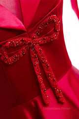 Homecoming Dresses Knee Length, Red Illusion V Neck Sleeves Beaded Tea Length Formal Dress with Bows
