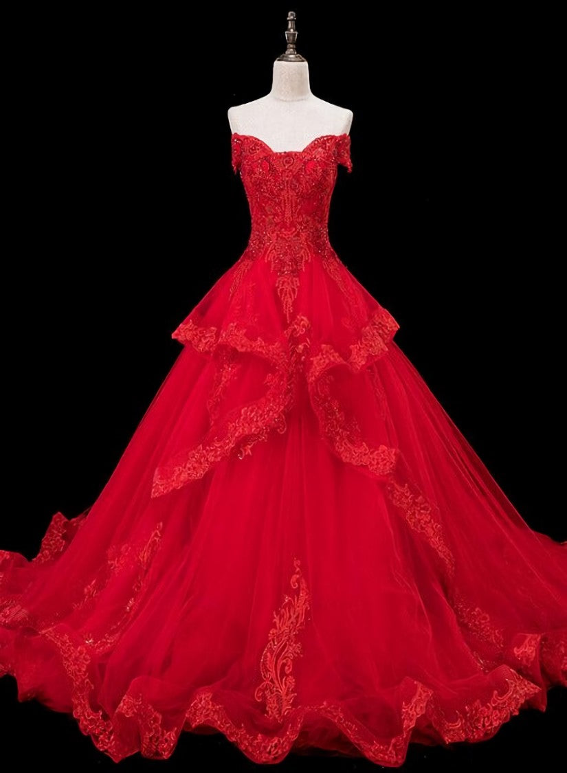 Bridesmaid Dresses Blues, Red Lace and Tulle Gorgeous Off Shoulder Princess Sweet 16 Dress, Red Formal Gown