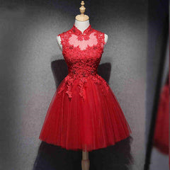 Prom Dresses Orange, Red Lace High Neckline Tulle Short Homecoming Dress Party Dress, Red Formal Dresses