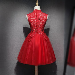Wedding Guest Dress, Red Lace High Neckline Tulle Short Homecoming Dress Party Dress, Red Formal Dresses