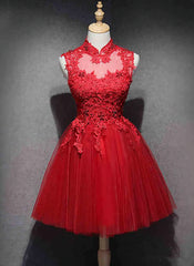 Prom Dresses Sage Green, Red Lace High Neckline Tulle Short Homecoming Dress Party Dress, Red Formal Dresses
