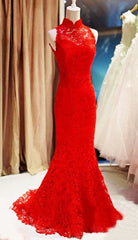 Homecoming Dresses Blues, Red Lace Mermaid Long Formal Gown, Red Bridesmaid Dress