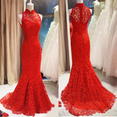 Homecomming Dresses Red, Red Lace Mermaid Long Formal Gown, Red Bridesmaid Dress
