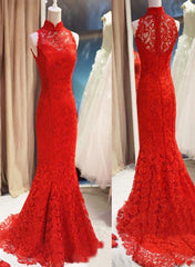 Homecoming Dress Blue, Red Lace Mermaid Long Formal Gown, Red Bridesmaid Dress