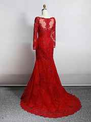 Wedding Dresses Lace Romantic, Red Lace Mermaid Long Sleeves Evening Gown, Red Lace Wedding Party Dress