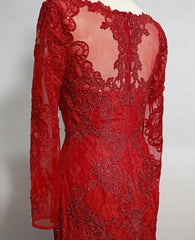 Wedding Dresses Train, Red Lace Mermaid Long Sleeves Evening Gown, Red Lace Wedding Party Dress