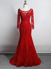 Wedding Dresses Simple Elegant, Red Lace Mermaid Long Sleeves Evening Gown, Red Lace Wedding Party Dress