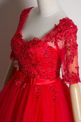 Prom Dress Graduacion, Red Lace Short Sleeves Tulle Knee Length Party Dresses, Red Short Formal Dresses