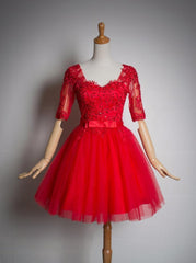 Prom Dressed Black, Red Lace Short Sleeves Tulle Knee Length Party Dresses, Red Short Formal Dresses
