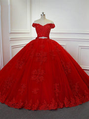Weddings Dress Lace, Red Long Princess Off the Shoulder Tulle Lace Wedding Dresses