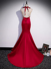Prom Dress Aesthetic, Red Mermaid Satin Long Party Dress Formal Dress, Lace-up Red Prom Dress