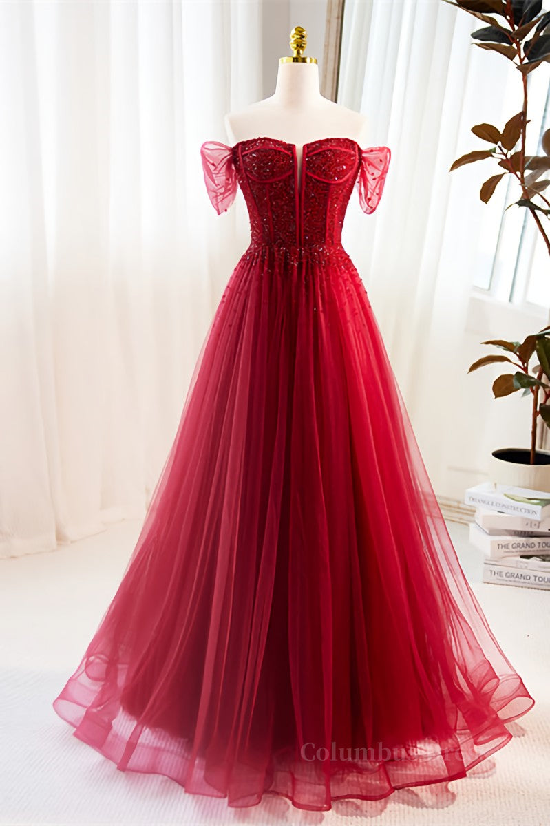 Ball Gown, Red Off-Shoulder Beaded A-line Tulle Long Prom Dress