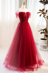 Mini Dress, Red Off-Shoulder Beaded A-line Tulle Long Prom Dress